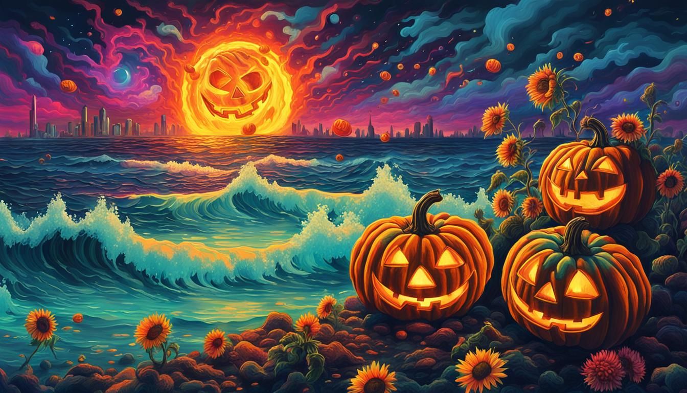 Jack O'Lanterns Surf Ocean Waves in Cyberpunk Style