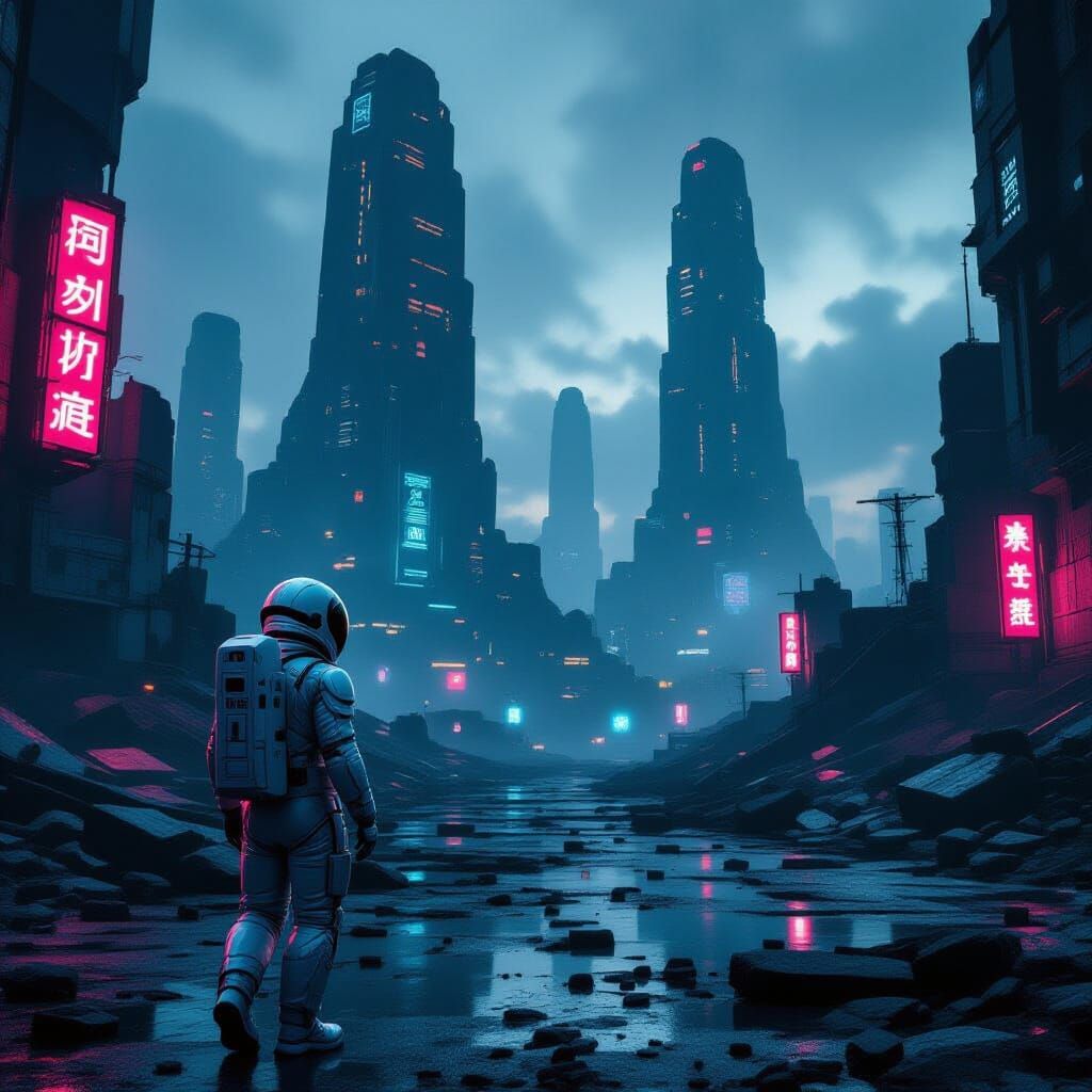 Astronaut Explores Alien Ruins in Cyberpunk City