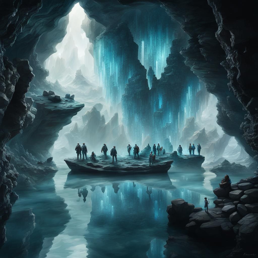 Aquamarine Gem Cave with Miners: Digital Matte Painting