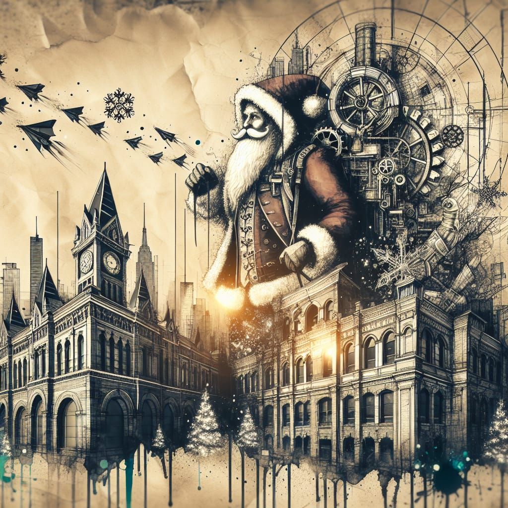 Steampunk Santa Claus in Urban Landmark