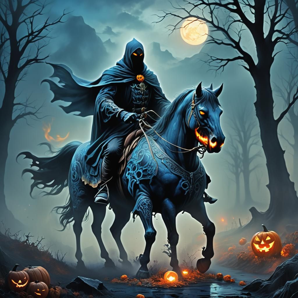 Headless Horseman in Haunted Landscape, Dark Fantasy Art