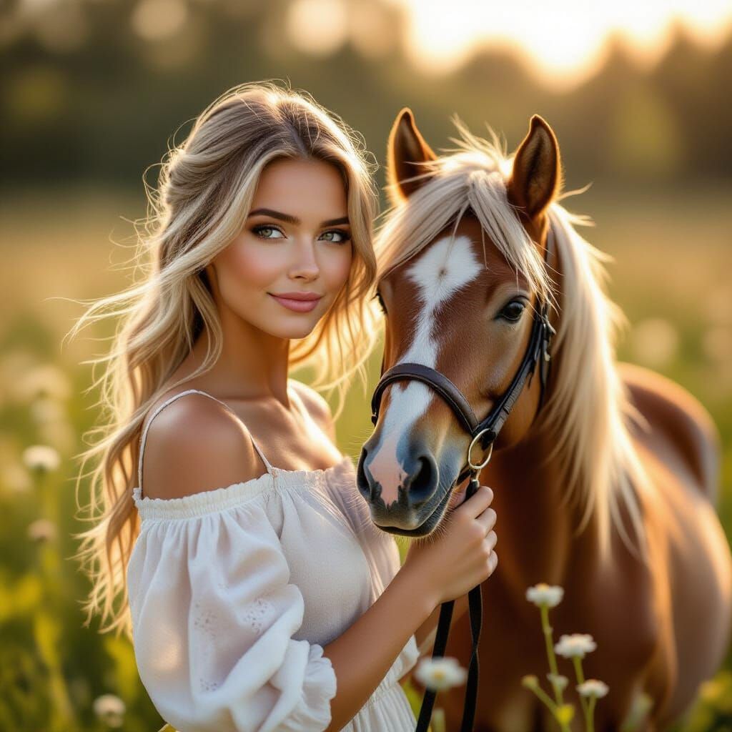 Woman with Chestnut Poney in Sun-Drenched Meadow