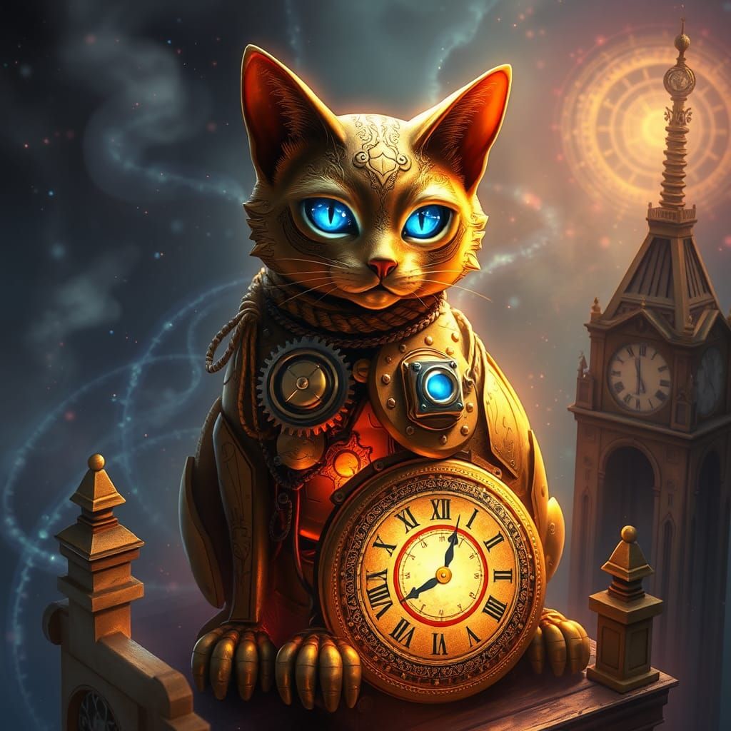 Clockwork Cat on Mystical Clock Tower