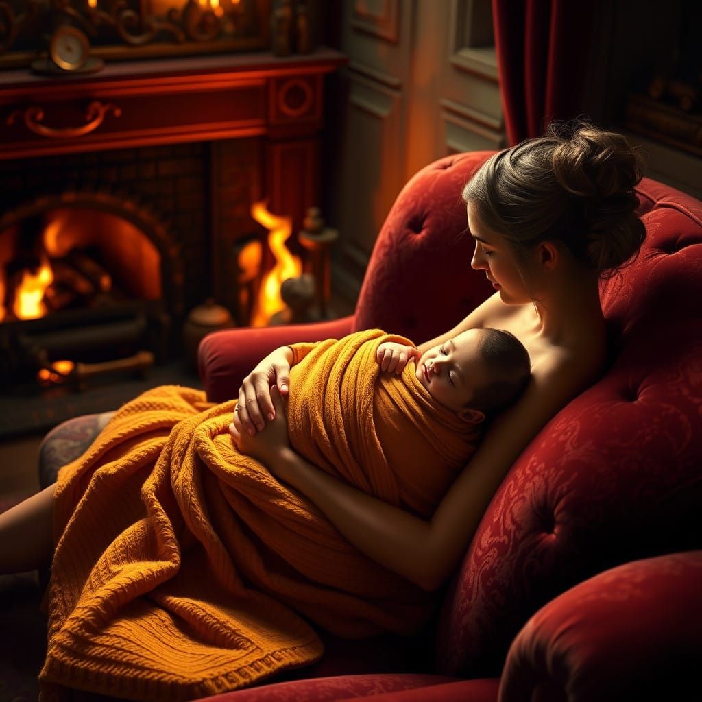 Golden Serenity: Newborn Baby and Mother Cozy by the Firepla...