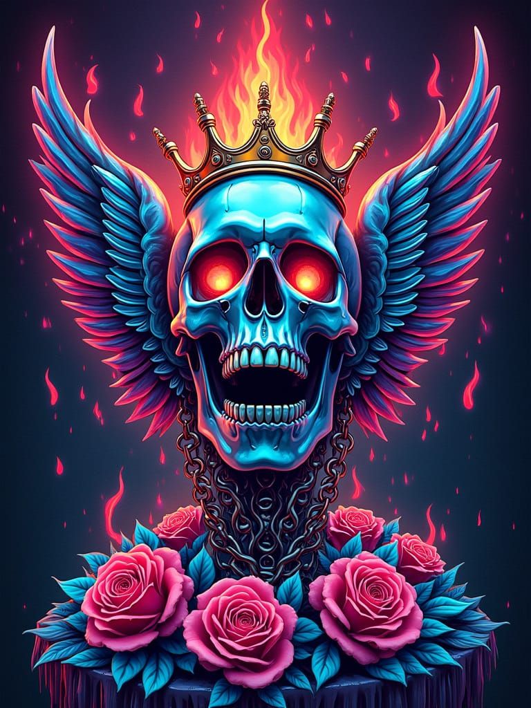 Psychedelic Melting Skull with Crown and Wings