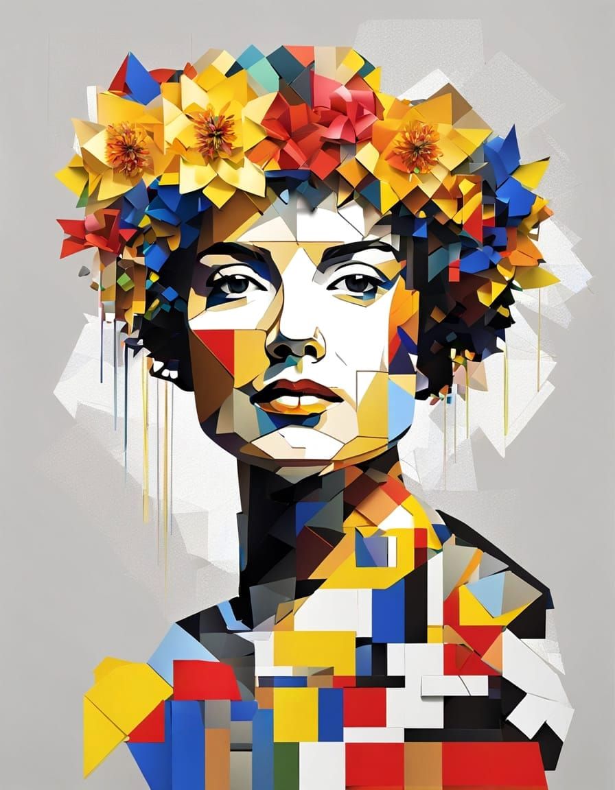 Abstract Portrait with Floral Crown in Mondrian Style