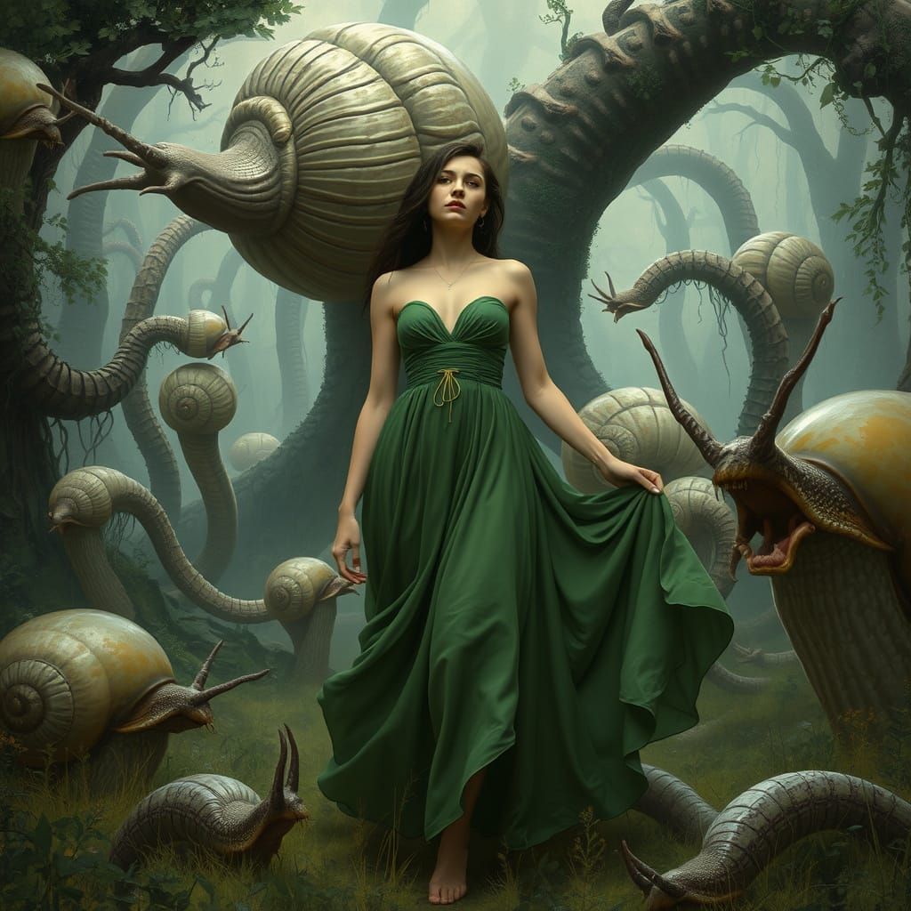 Woman with Snails in a Verdant Clearing