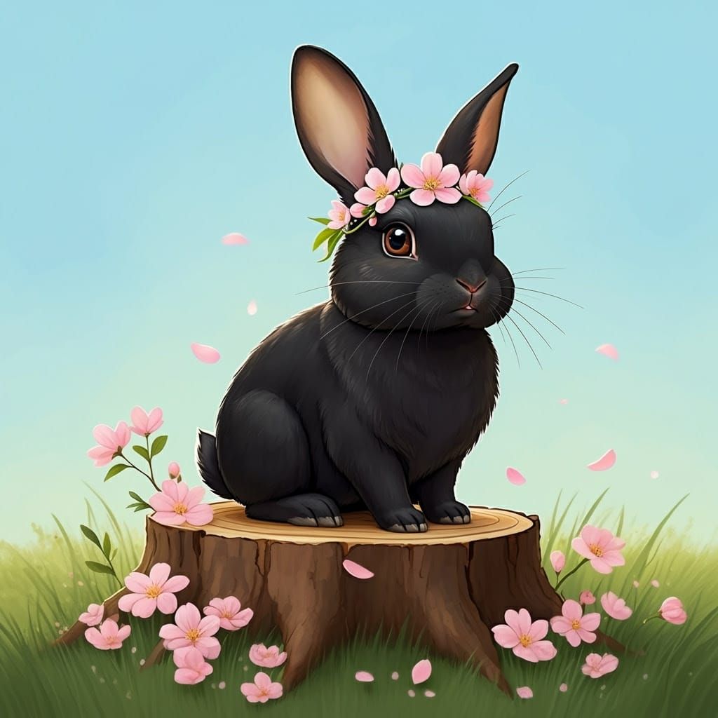 Cute Rabbit in Cherry Blossom Garland, Whimsical Woodland Sc...