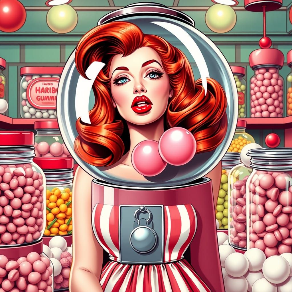 Vintage Pin-Up Girl Amidst Colorful Candy Store Delights
