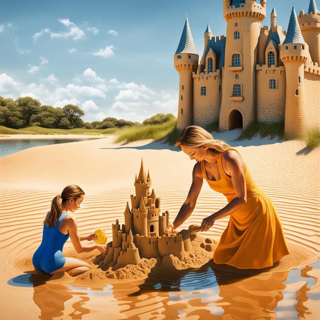 Recursive Sandcastle on Sunny Beach in Photorealistic Style