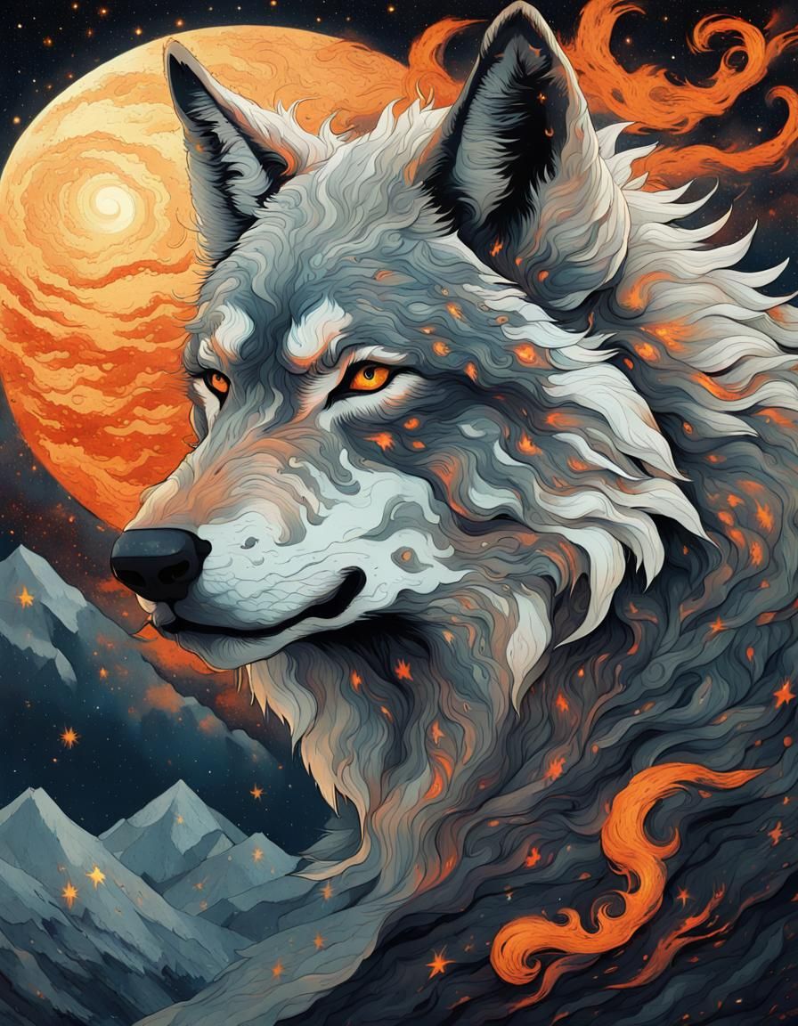 Fiery Wolf in Starry Night: Fantasy Illustration