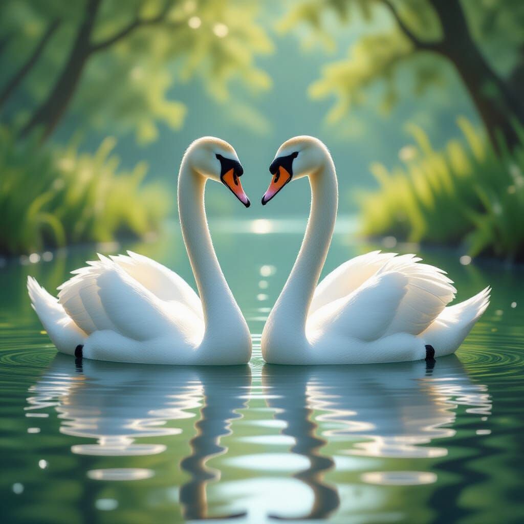 Swans on a Pond with Dreamy Lighting