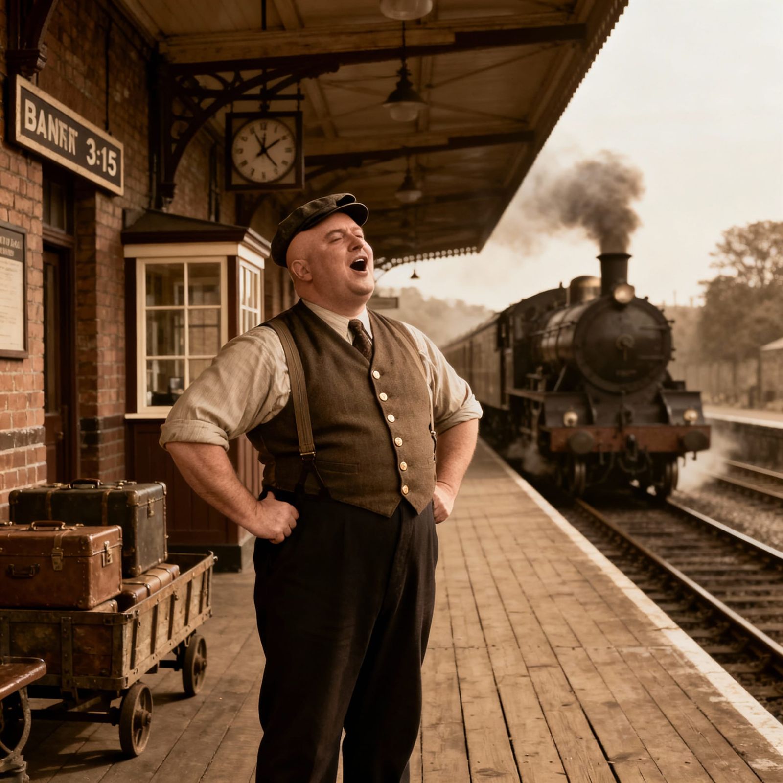 1920s Station Master Sings as Train Arrives