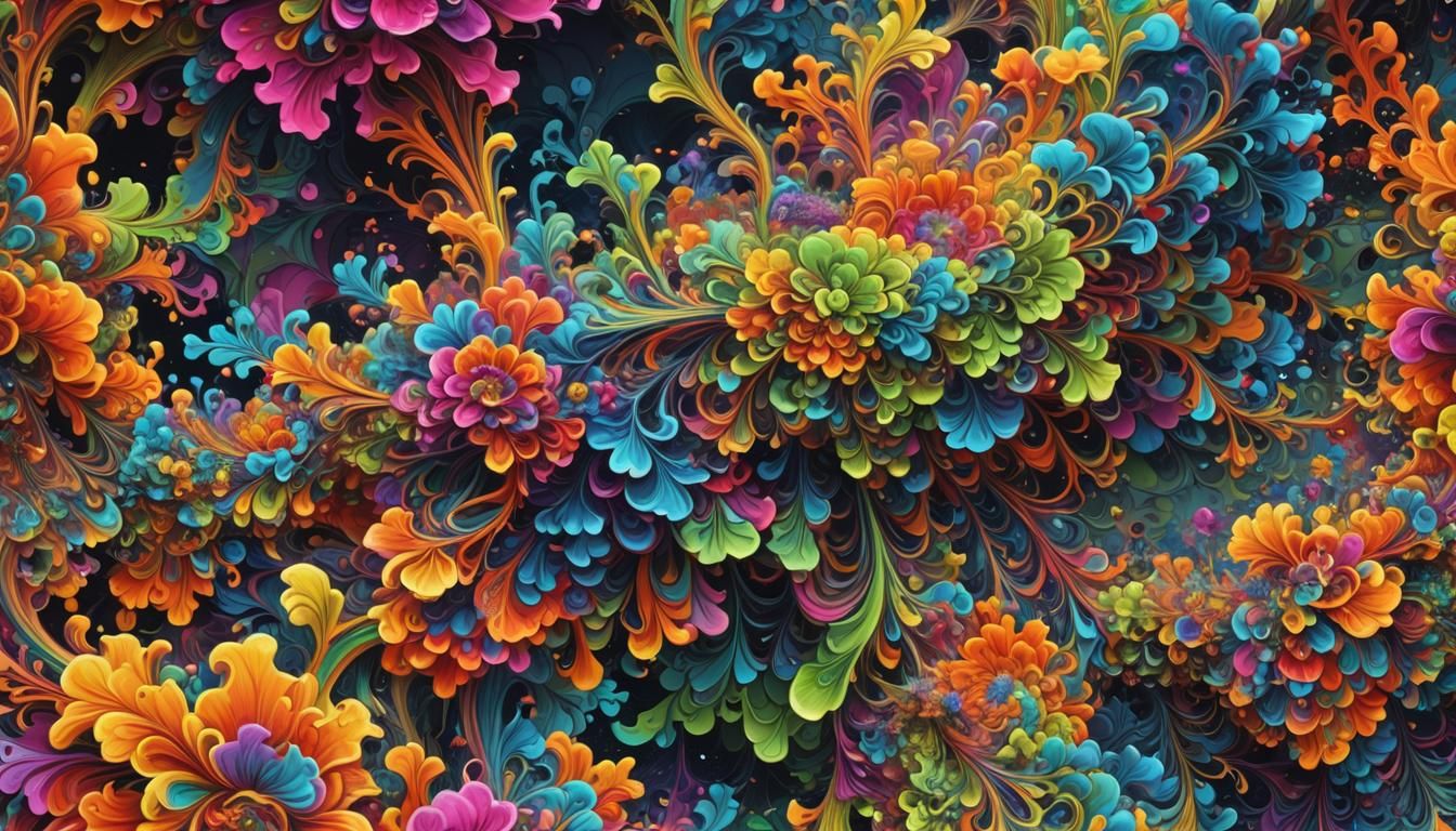 Neon Rainbow Mandelbulb Floral Fractal in Oil Painting Style