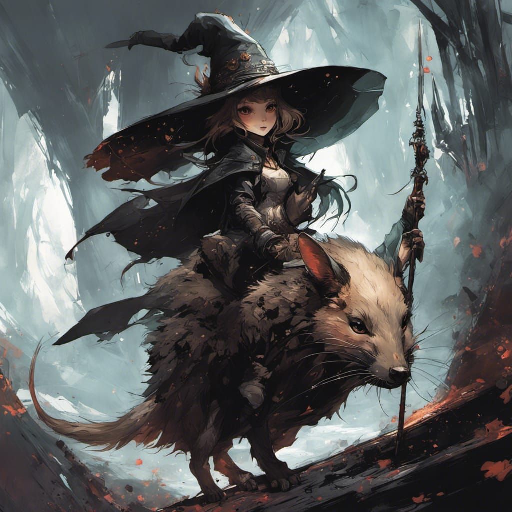Chibi Witch Rides Giant Possum in Digital Art