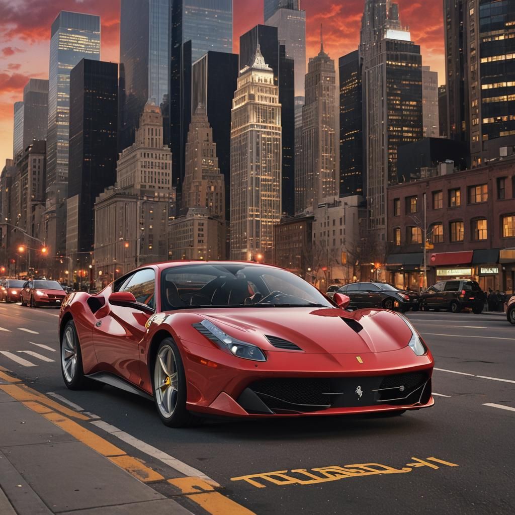 Ferrari Car Parked in Manhattan at Sunset