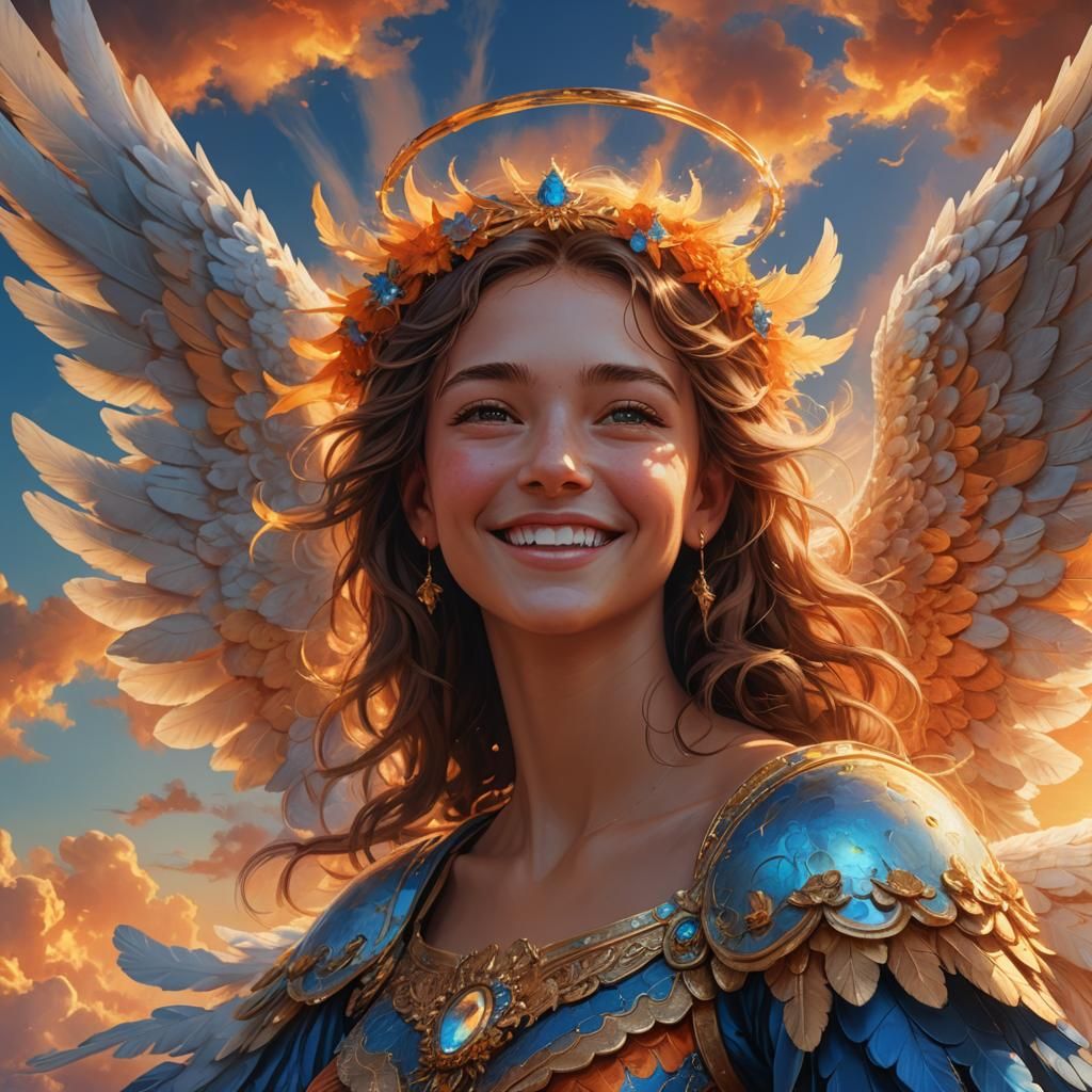 Smiling Angel in Vibrant Sky: Digital Concept Art