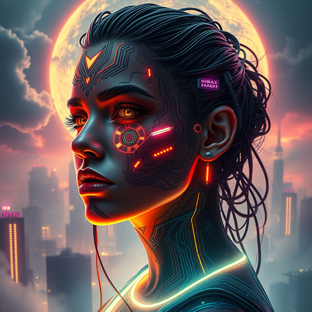 Cyberpunk Woman with Neon Tattoos in Dystopian City