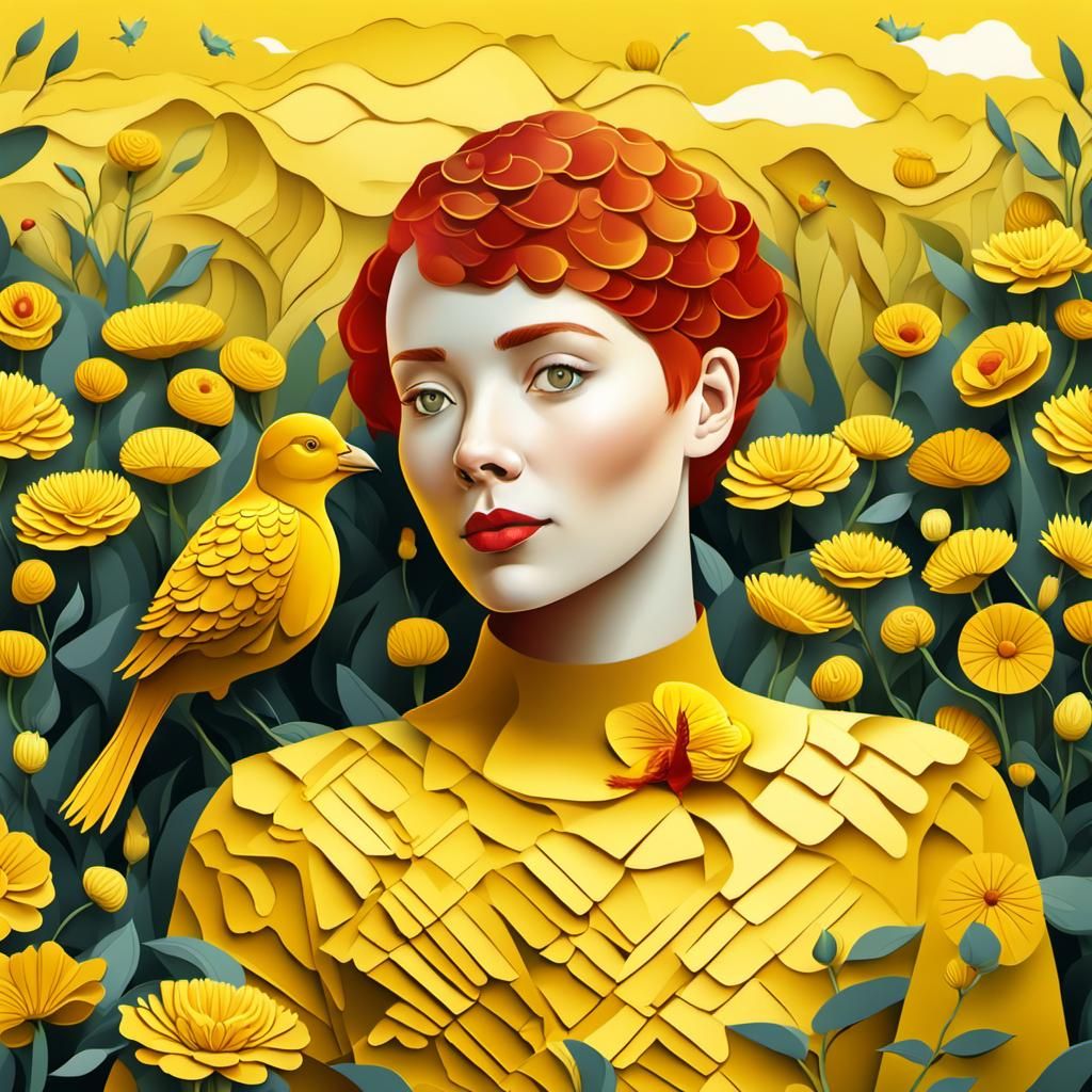Woman in Yellow Field with Bird: Abstract Vector Art