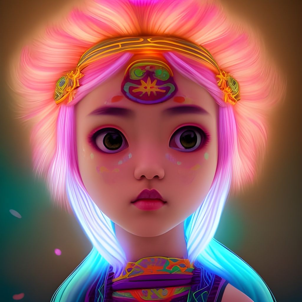 Ainu Girl with Neon Hair in Art Nouveau Style
