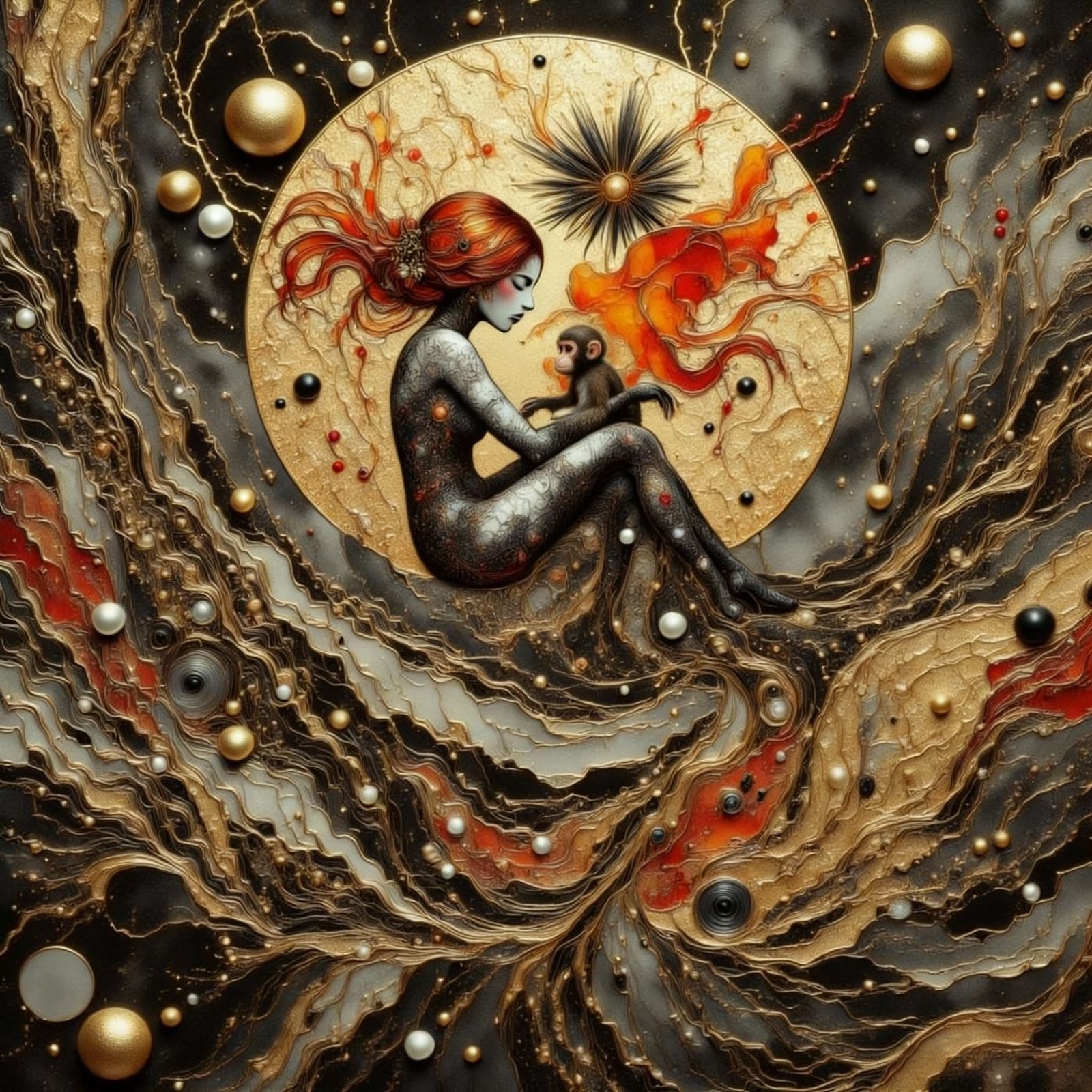 Princess and Monkey in Japanese Ink Brush Style