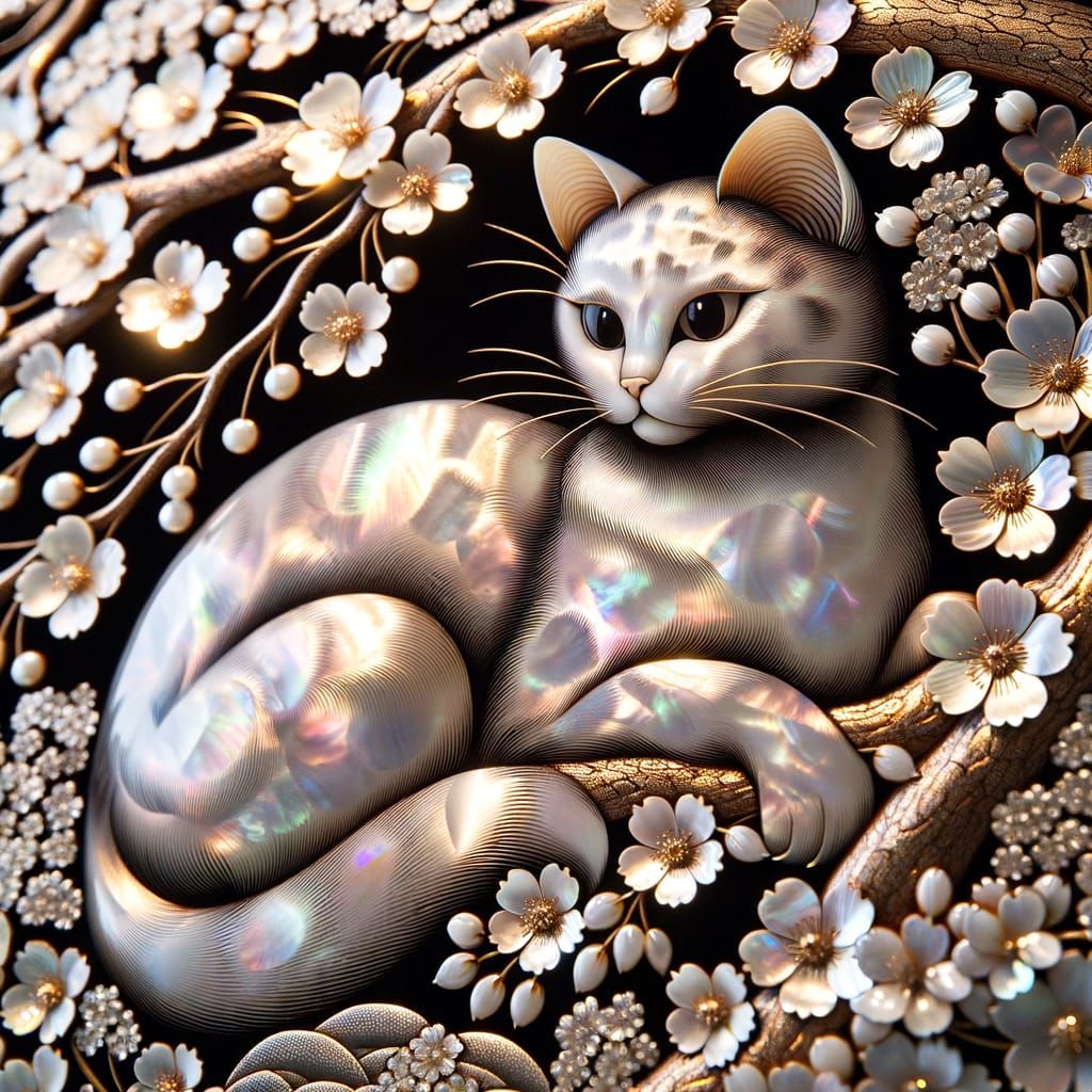 Japanese Mother-of-Pearl Cat Amidst Sakura Blossoms