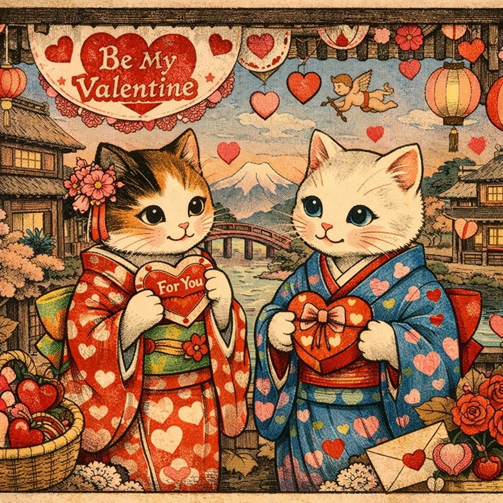Ukiyo-e Cats in Kimono with Valentine's Charm