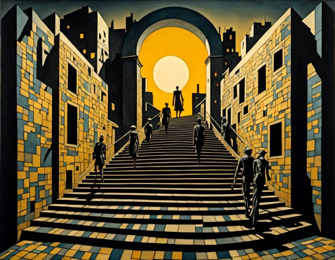 Dystopian Stairway with Dancing Androids in Blue and Gold
