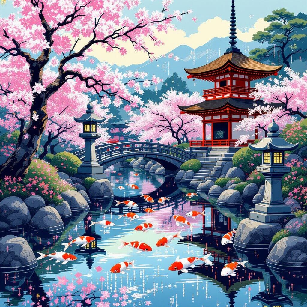 Digital Japanese Garden With Hex Blossom and Data Koi