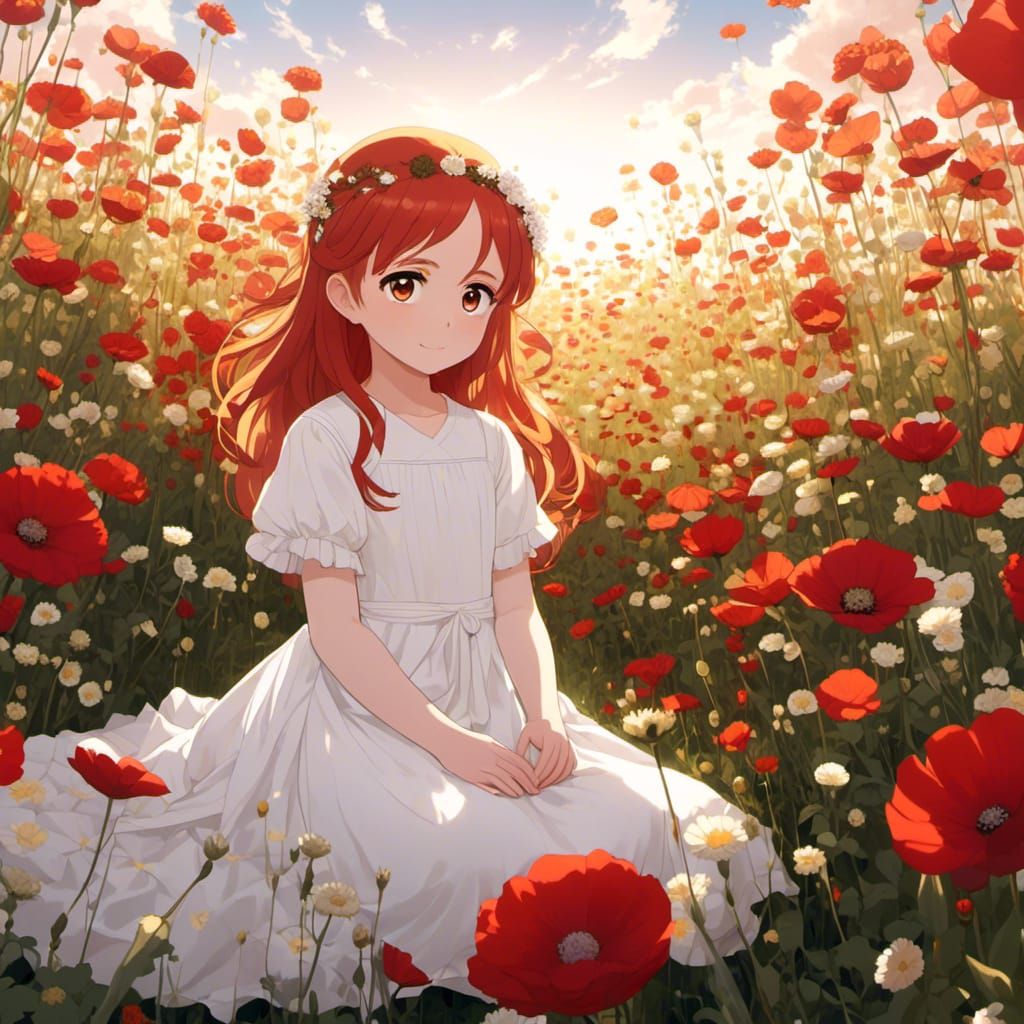 Anime Girl in Red Flower Field at Golden Hour