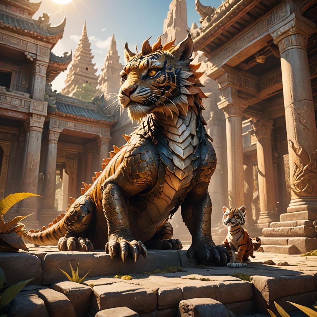Baby Dragon and Tiger Play in Ancient Temple