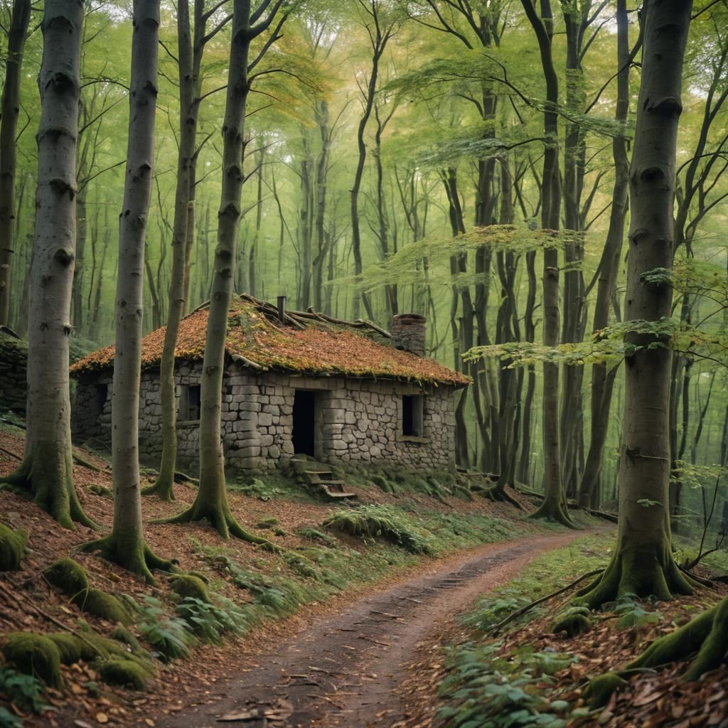 Mysterious Beech Forest with Ruined House