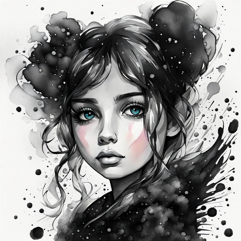 Black & White Ink Splatter Portrait with Color Splash