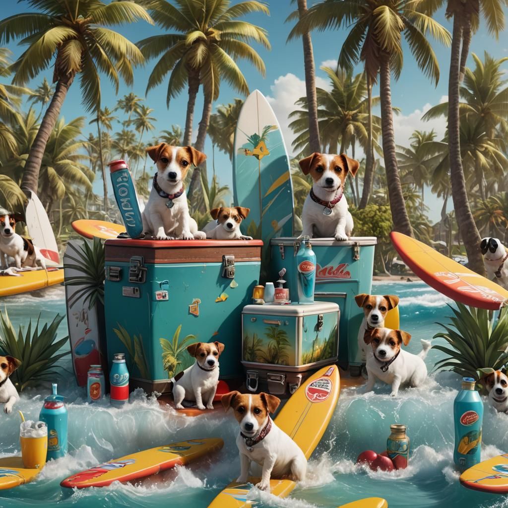Surfing Jack Russell Puppies on Bright Surfboards