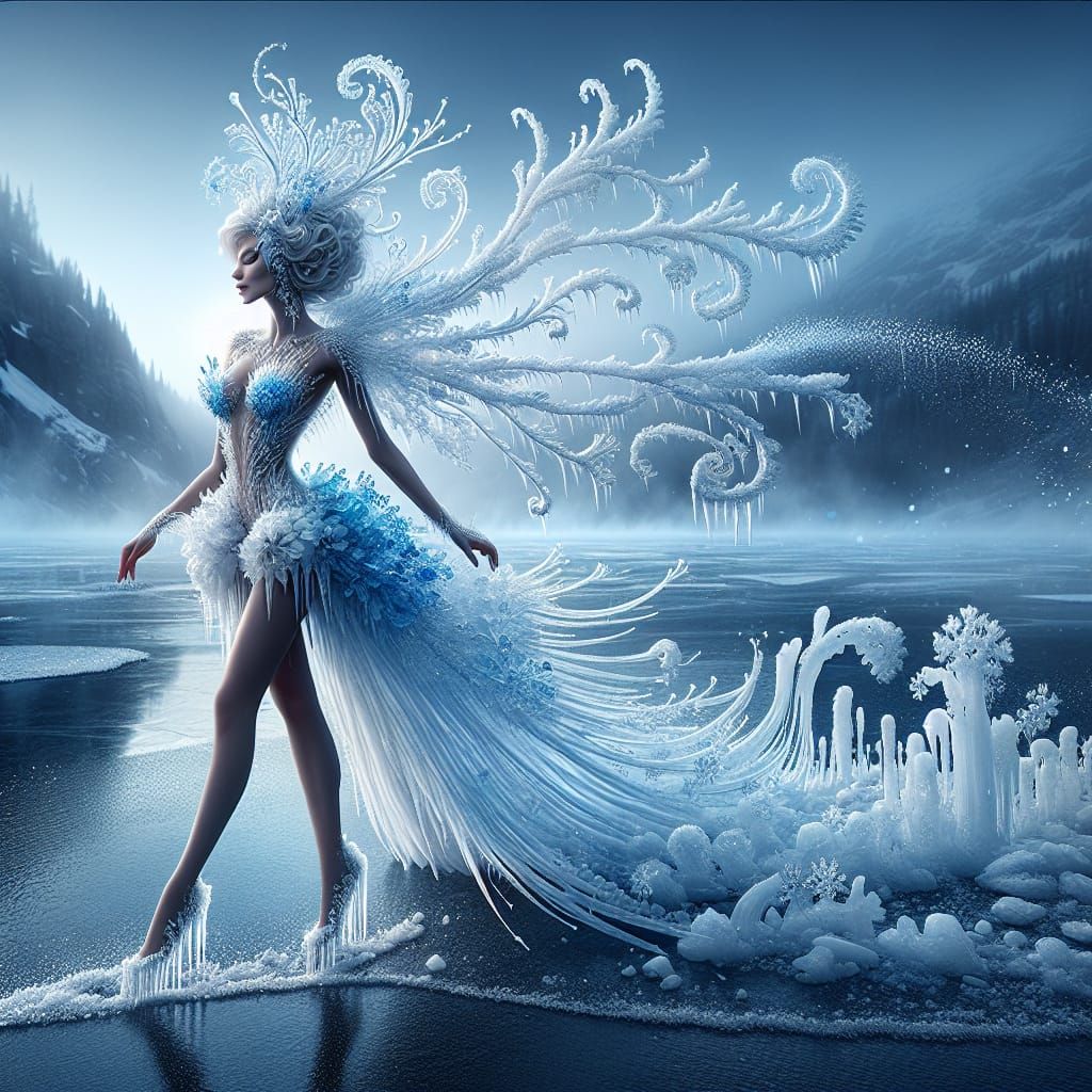 Winter Goddess Ice Queen in Resplendent Blue and White Snowf...