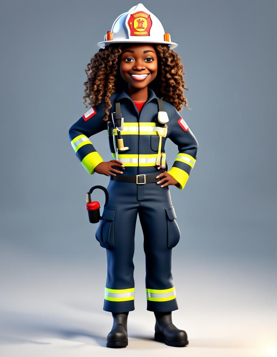 Black Woman Firefighter in 3D Cartoon Style