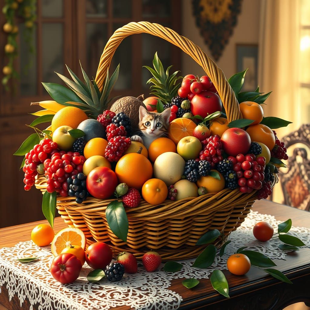 Whimsical Fruit Basket Scene in Hyper-Realistic Style