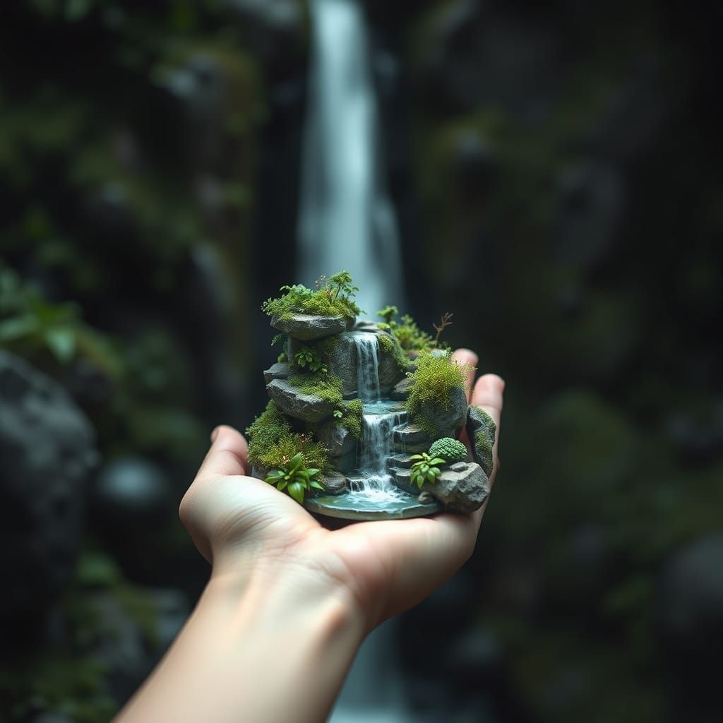 Girl's Hand Cradles Futuristic Miniature Waterfall