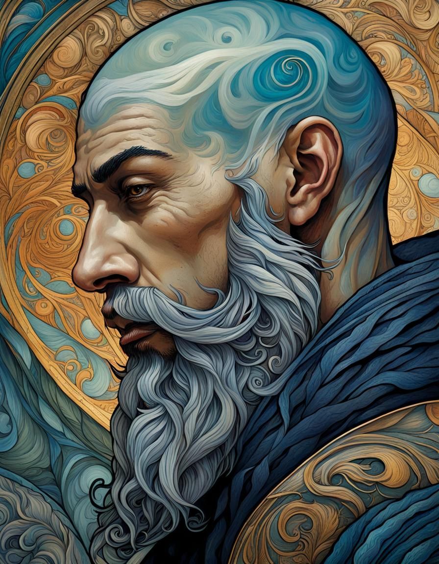 Weathered Man with Raven Beard in Art Nouveau Style