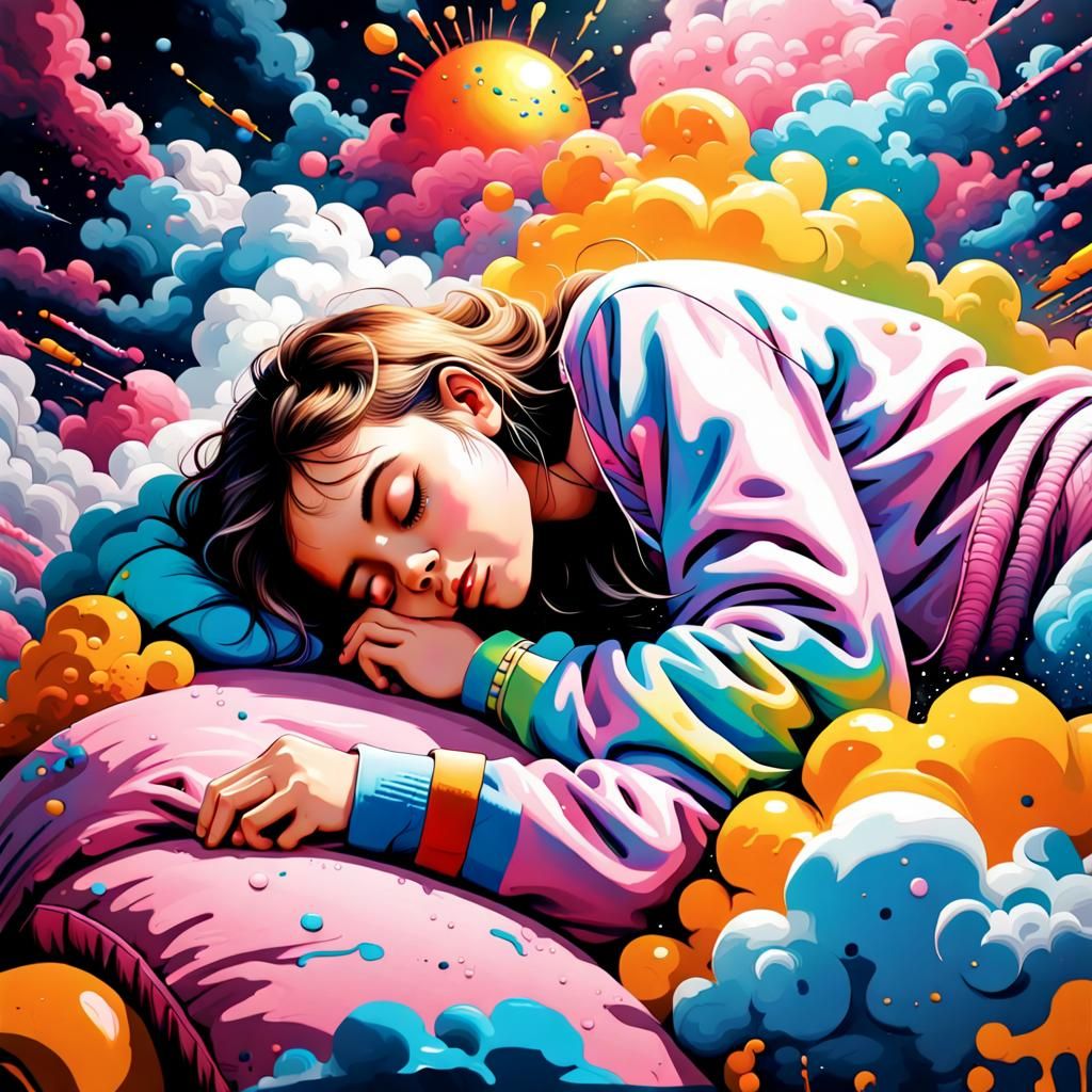 Girl Sleeping on Cloud in Graffiti Street Art