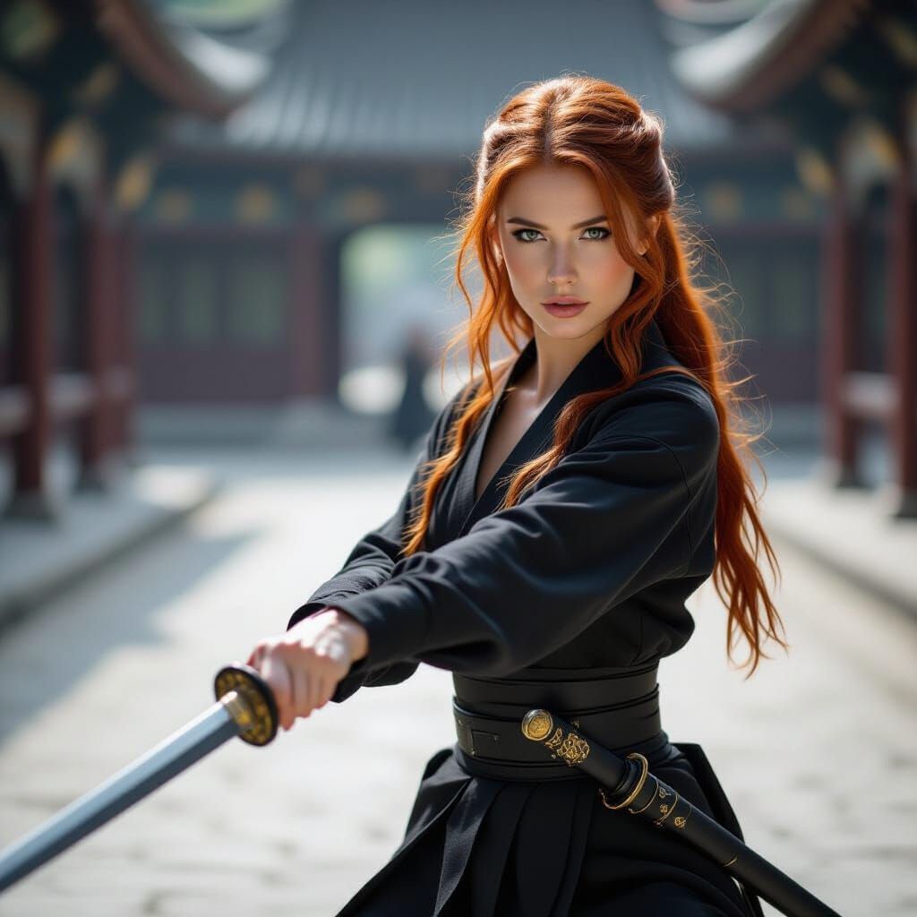Red-Haired Warrior Woman with Sword in Soft Focus