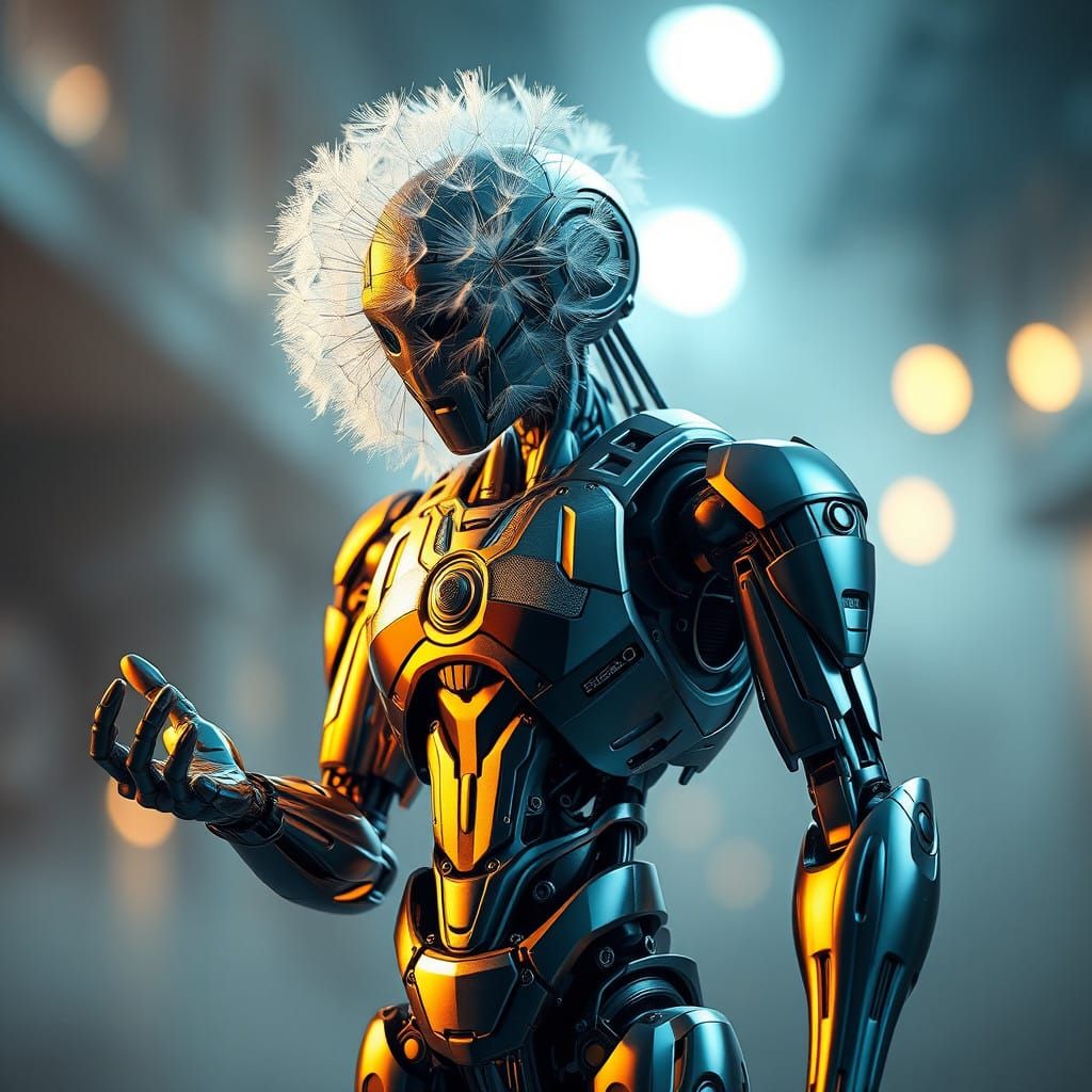 Futuristic Sci-Fi Robot with Dandelion Head and Metallic Exo...