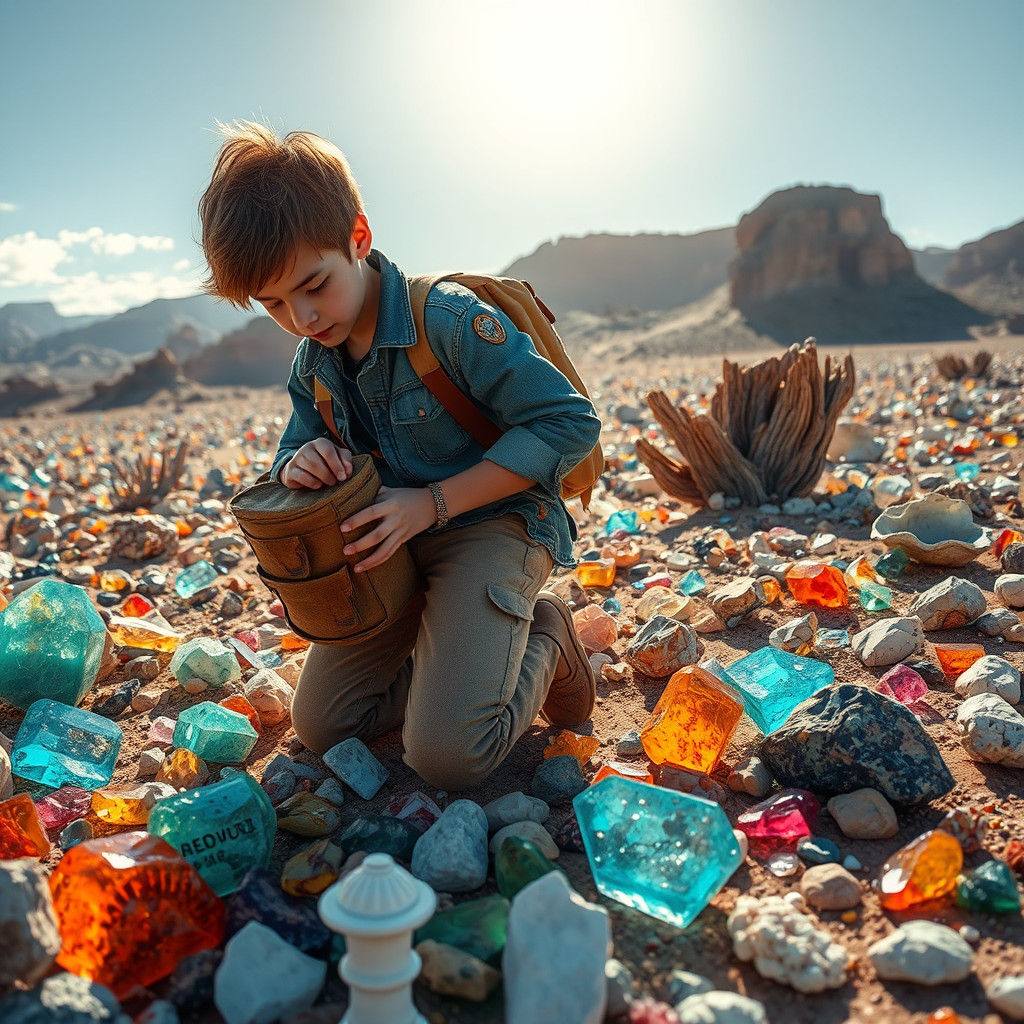 Young Geologist Collecting Rocks in Surreal Desert Landscape