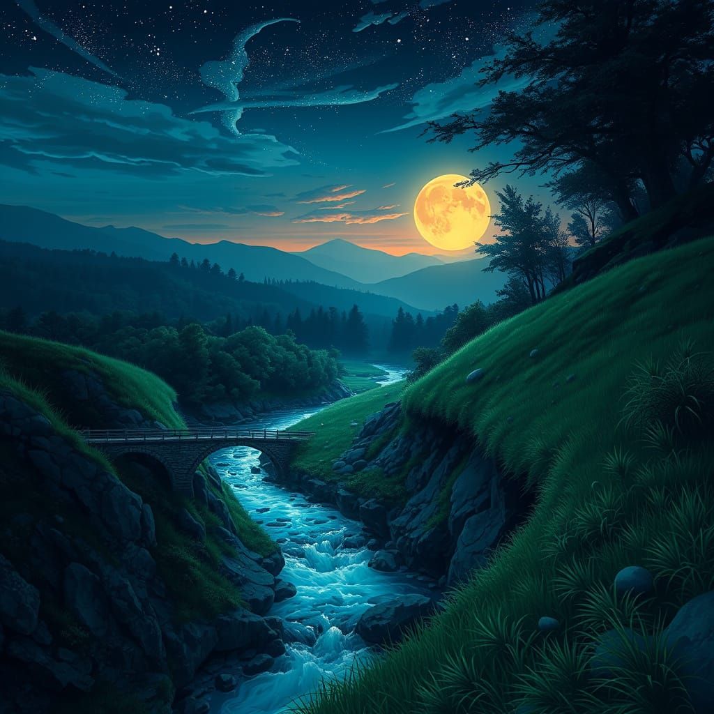 Anime Night Landscape: River, Bridge, and Forest