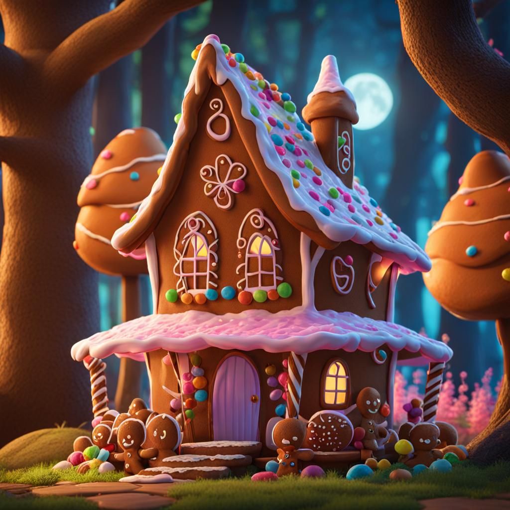 Gingerbread House in Woods with Candy Witch: 3D Digital Art