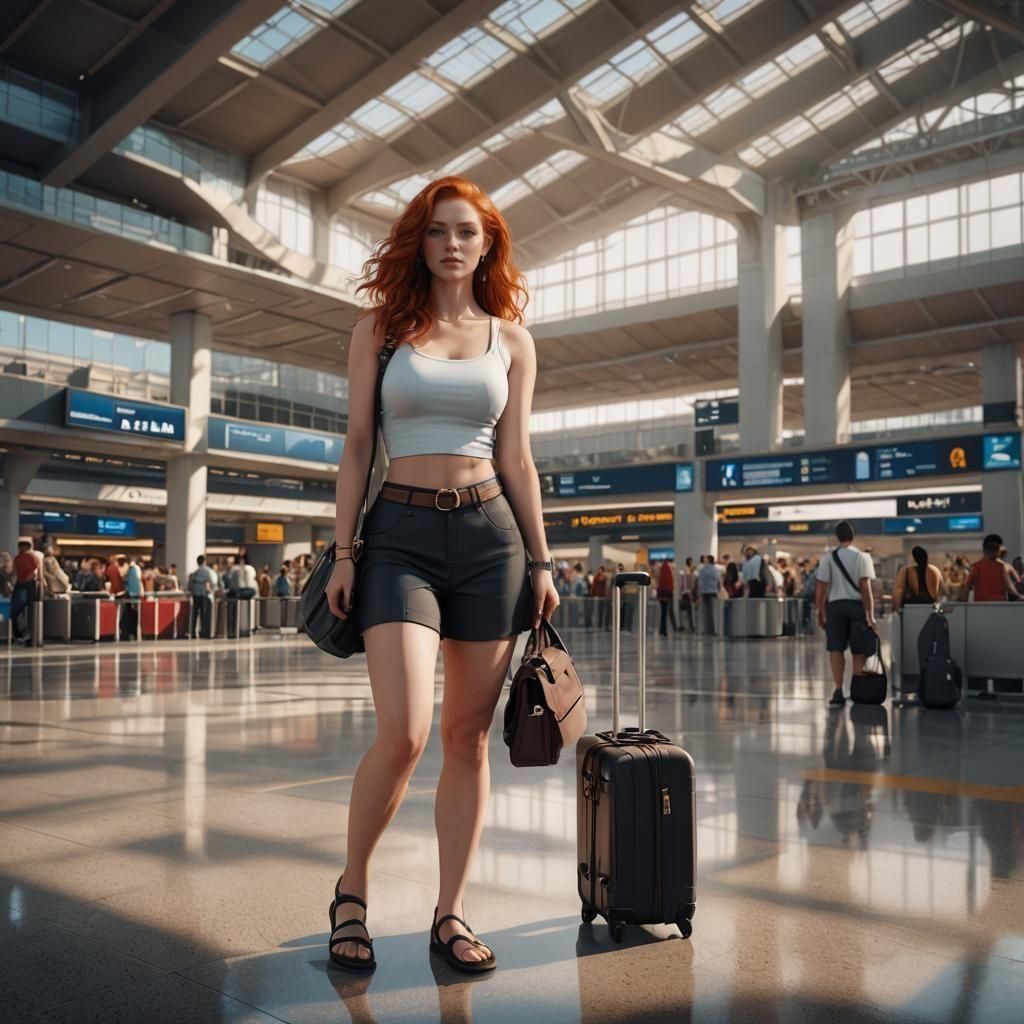 Redhead Traveler in Airport, Digital Matte Painting
