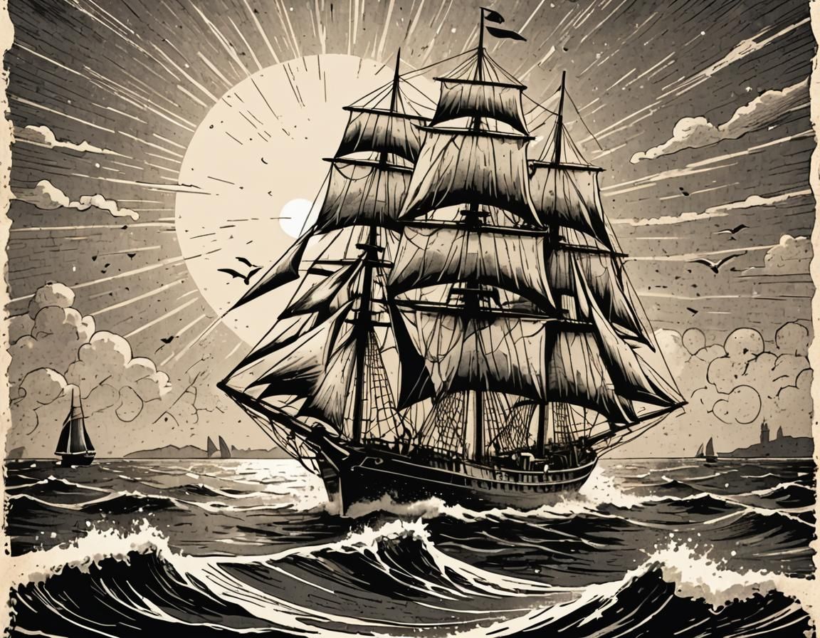 Schooner at Sunset in Vintage Comic Style