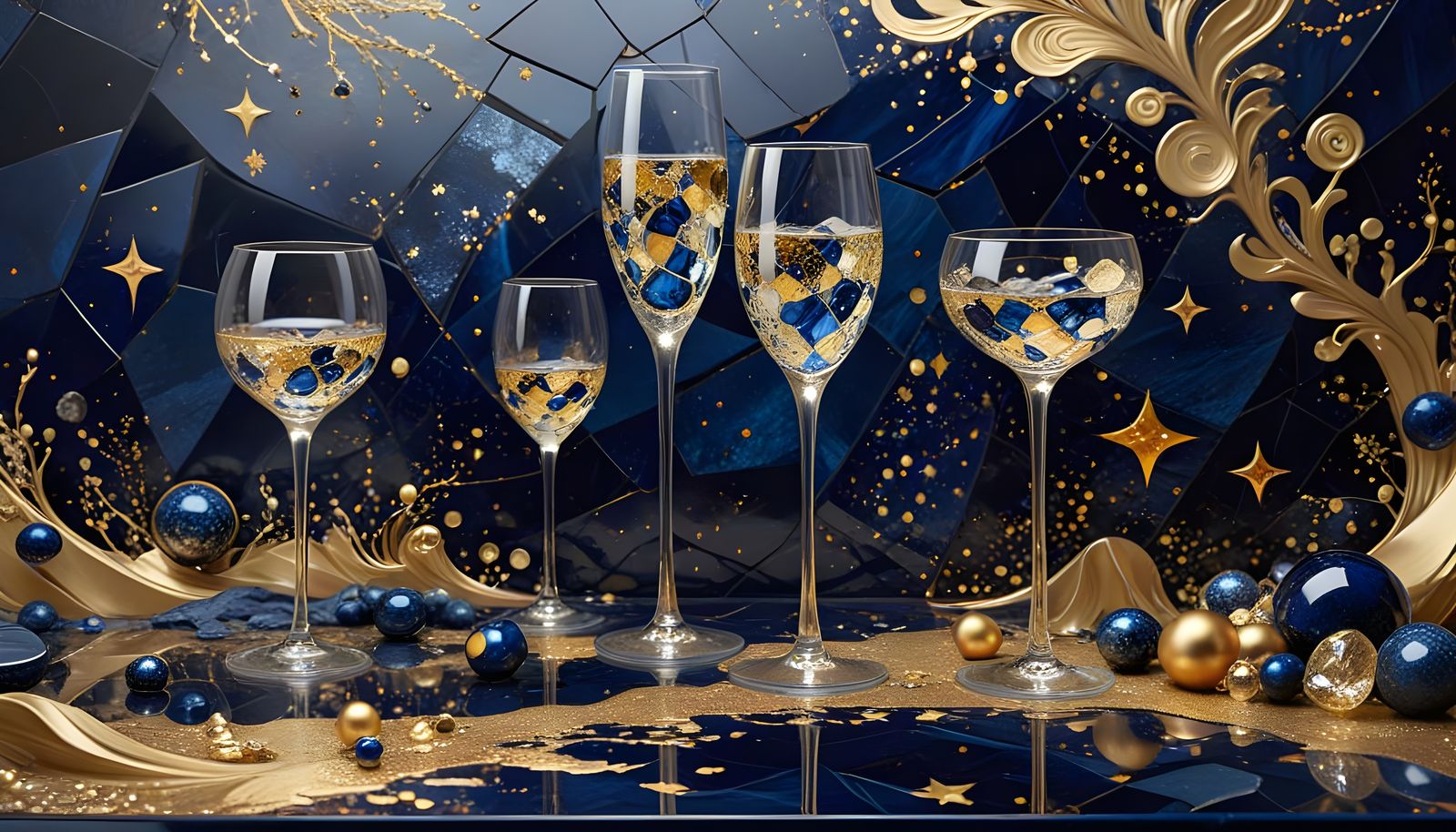 Elegant Glass Mosaic with Gold Accents and Celestial Hints