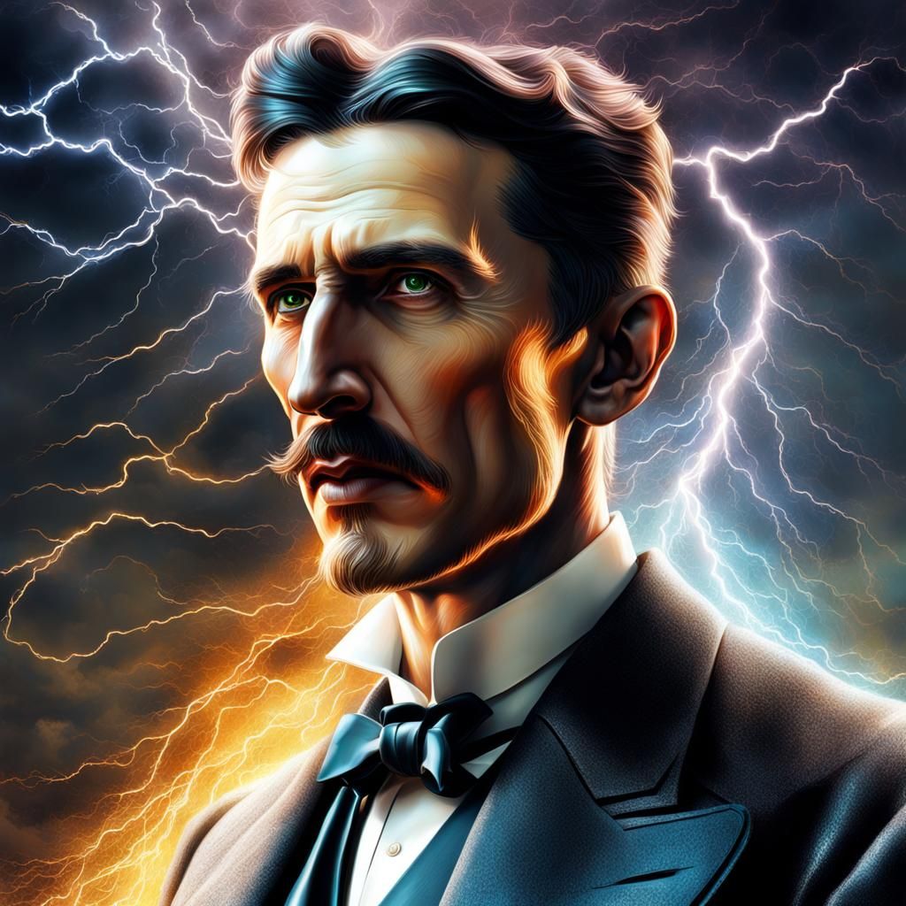 Nikola Tesla in Lightning: Hyperrealistic Concept Art