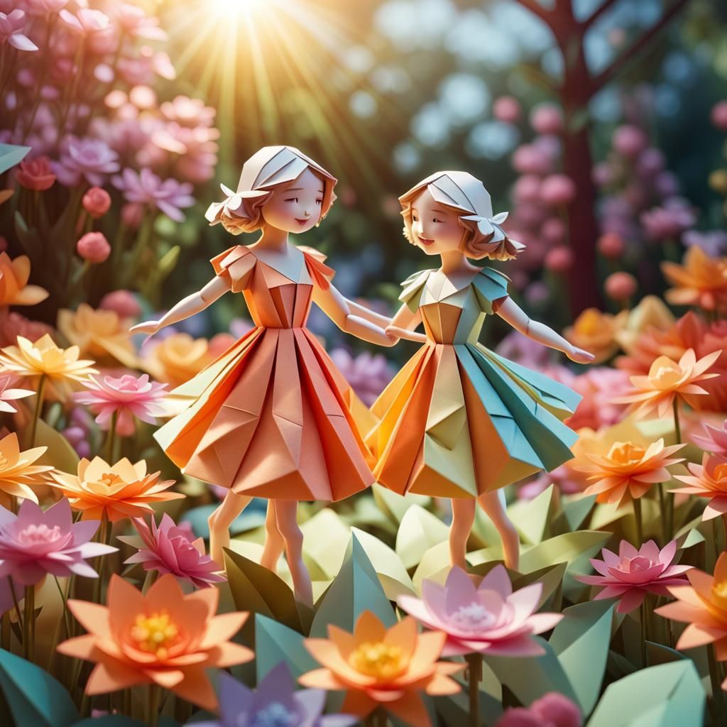 Joyous Sisters Dance in Origami Paper Garden